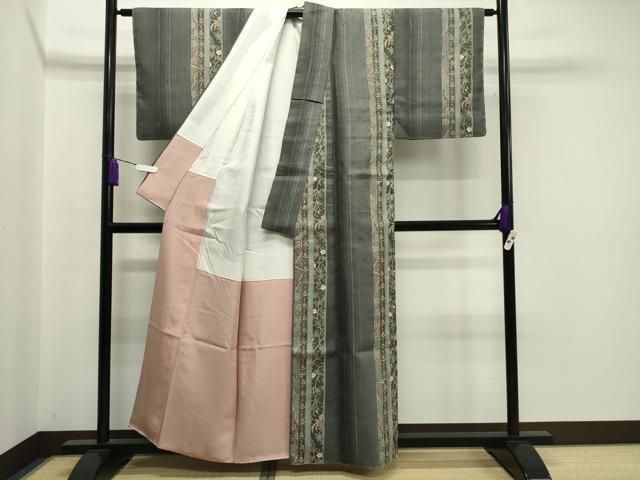 平和屋着物▽上質な紬 単衣 花鳥唐草文 正絹 逸品 未使用