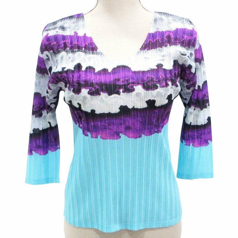 プリーツプリーズ PLEATS PLEASE イッセイミヤケ カットソー フリル柄 総柄 プリント 7分袖 3 約L 紫 青 パープル ブルー 系 PP31-FK341 0527