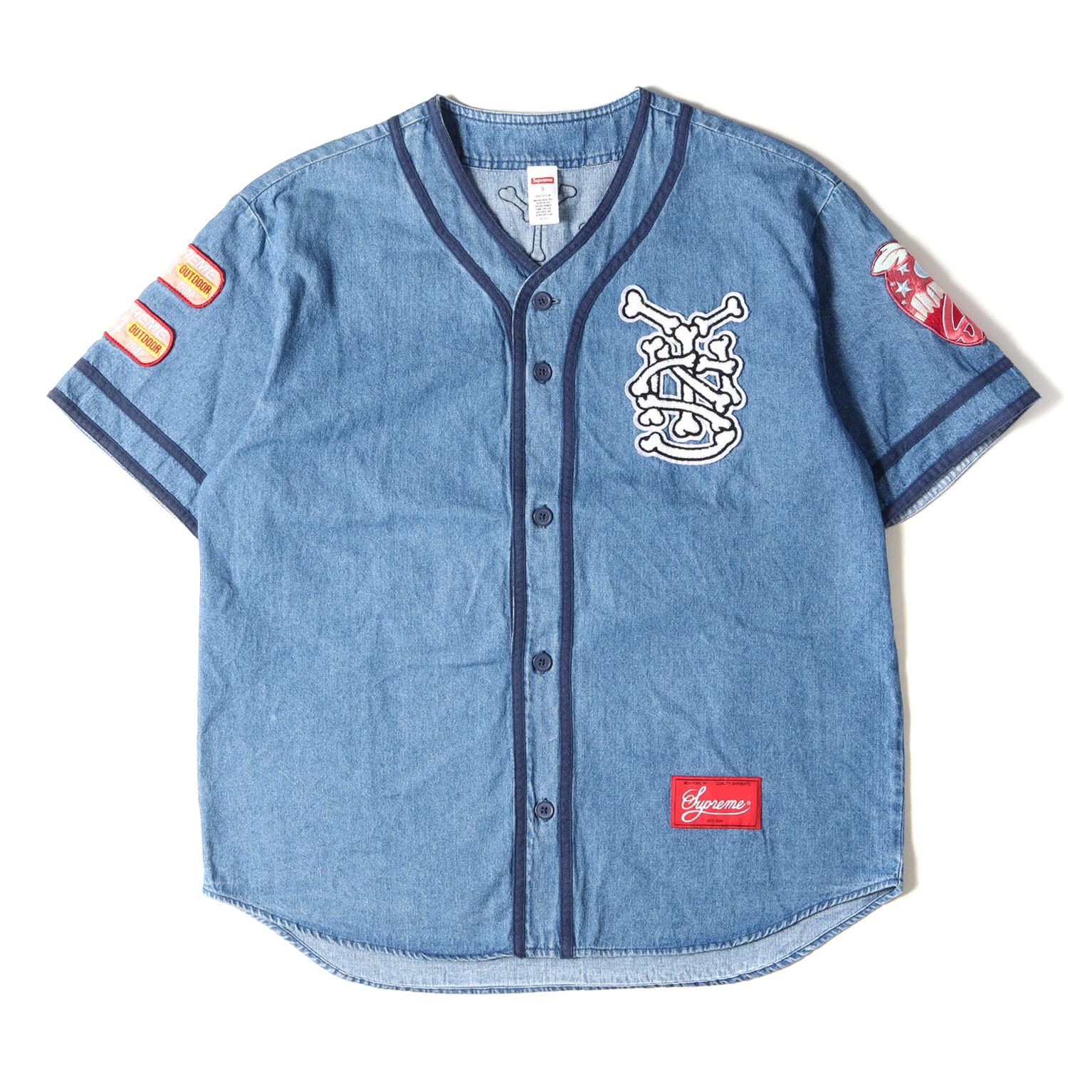 希少XL Supreme patches denim ベースボール jersey