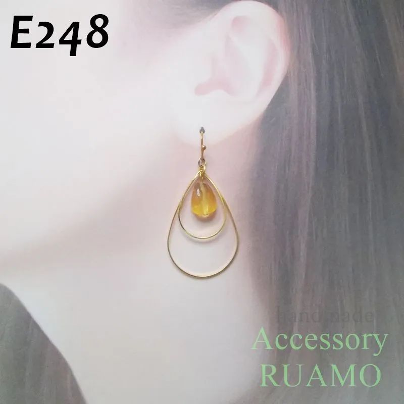 E248 ピアス/イヤリング 天然石シトリン＊雫型フープ 11月誕生石