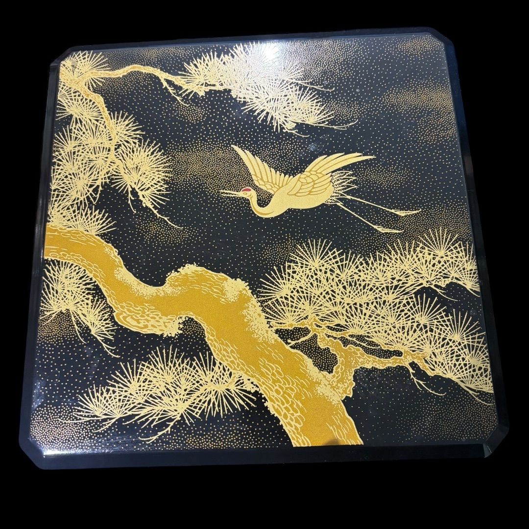 二段重箱 お重 蒔絵 縁起物 正月 鶴 松 天然木 昭和レトロ 会津