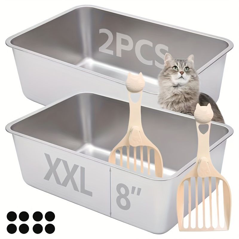 2個パック 超大型 ステンレス製猫用トイレ 20.32cm 長方形 耐久性のある金属製パン 丸みを帯びたコーナー 高い側面 滑り止め 簡単な掃除 2つの猫用トイレスクープと8つの滑り止めパッドが含まれ
