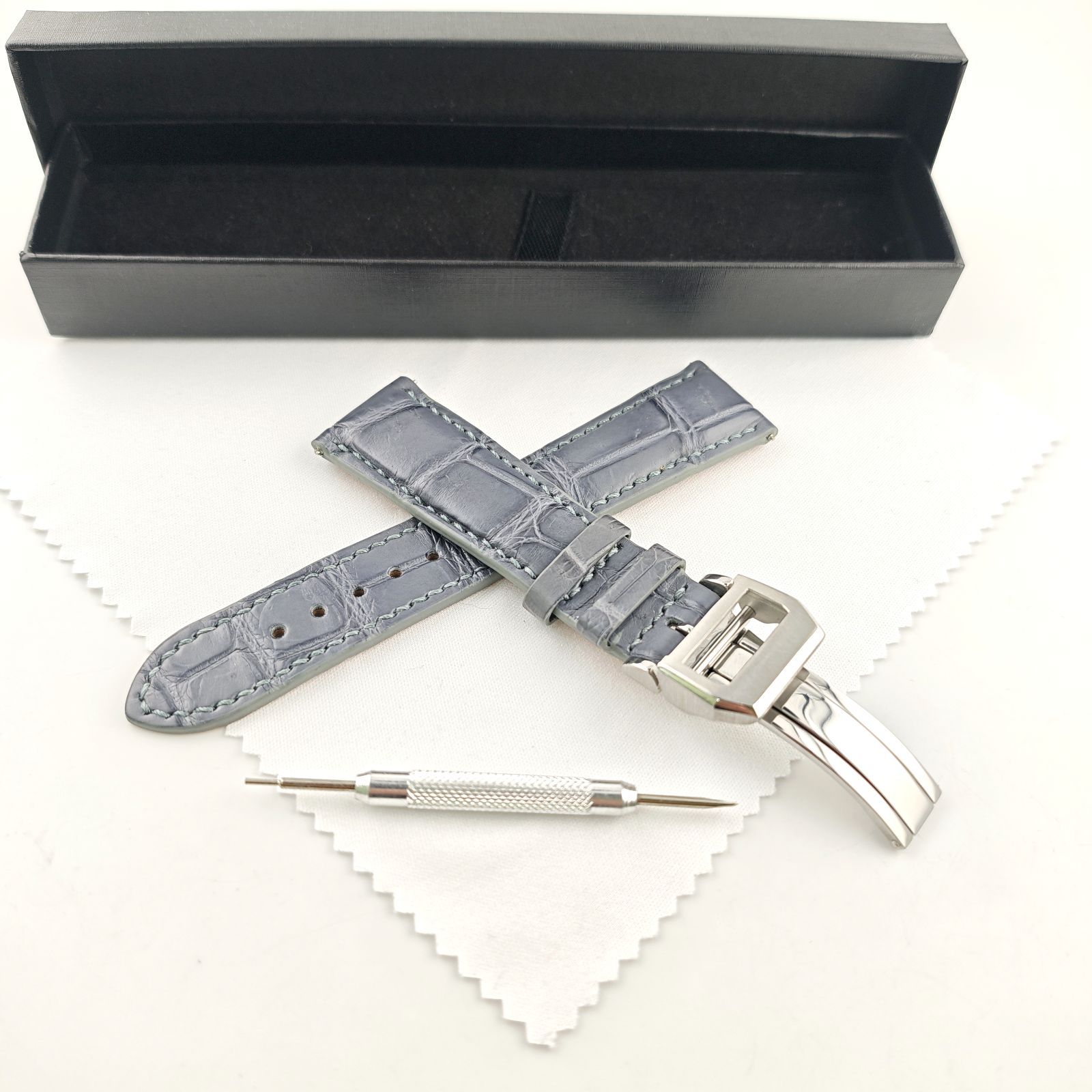 22mm 腕時計 アリゲーターレザー ワニ革ベルト グレー 茶灰色 竹斑 Dバックル付属 対応 IWC パイロット ポルトギーゼ ポートフィノ等