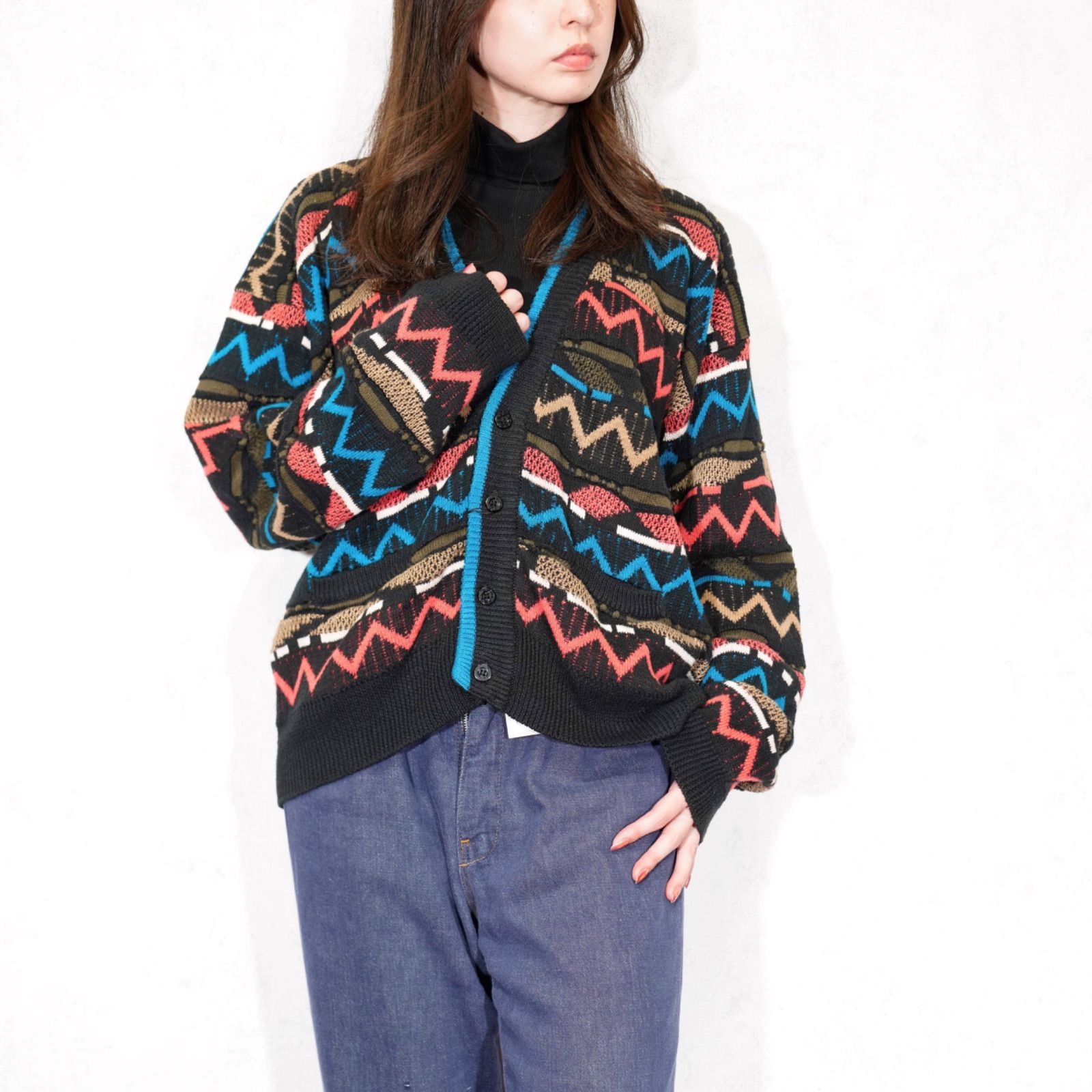 SPECIAL ITEM USA VINTAGE GENERRA PATTERNED DESIGN 3D KNIT CARDIGAN アメリカ古着柄デザイン3Dニットカーディガン