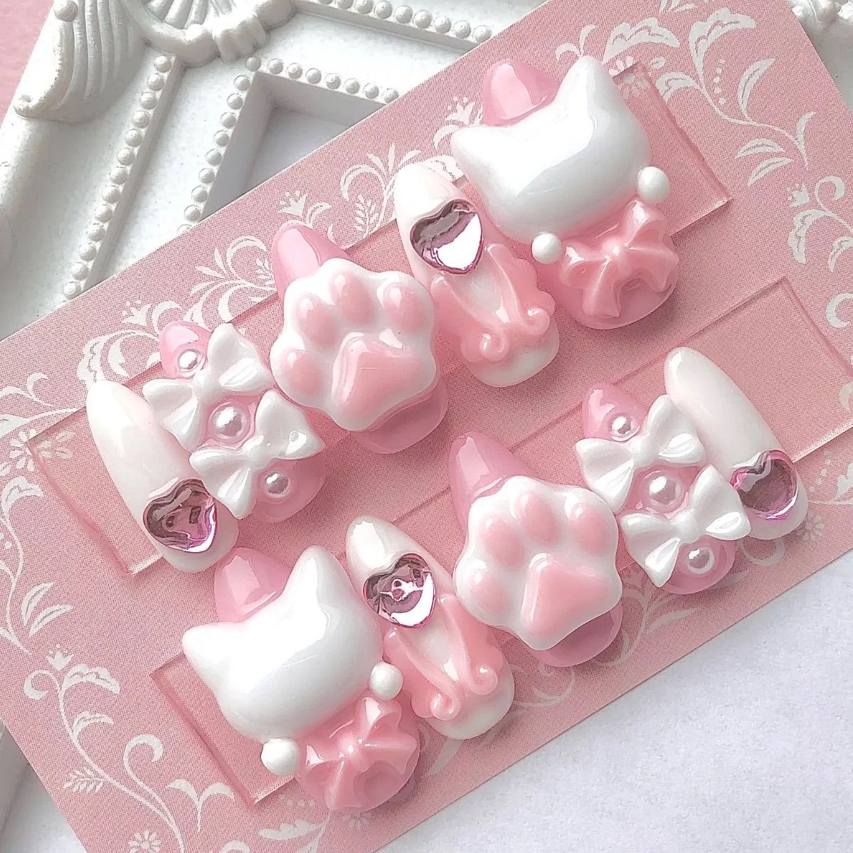 ネイルチップ 量産型 地雷 サブカル 推し活 同担拒否 ネコ リボン