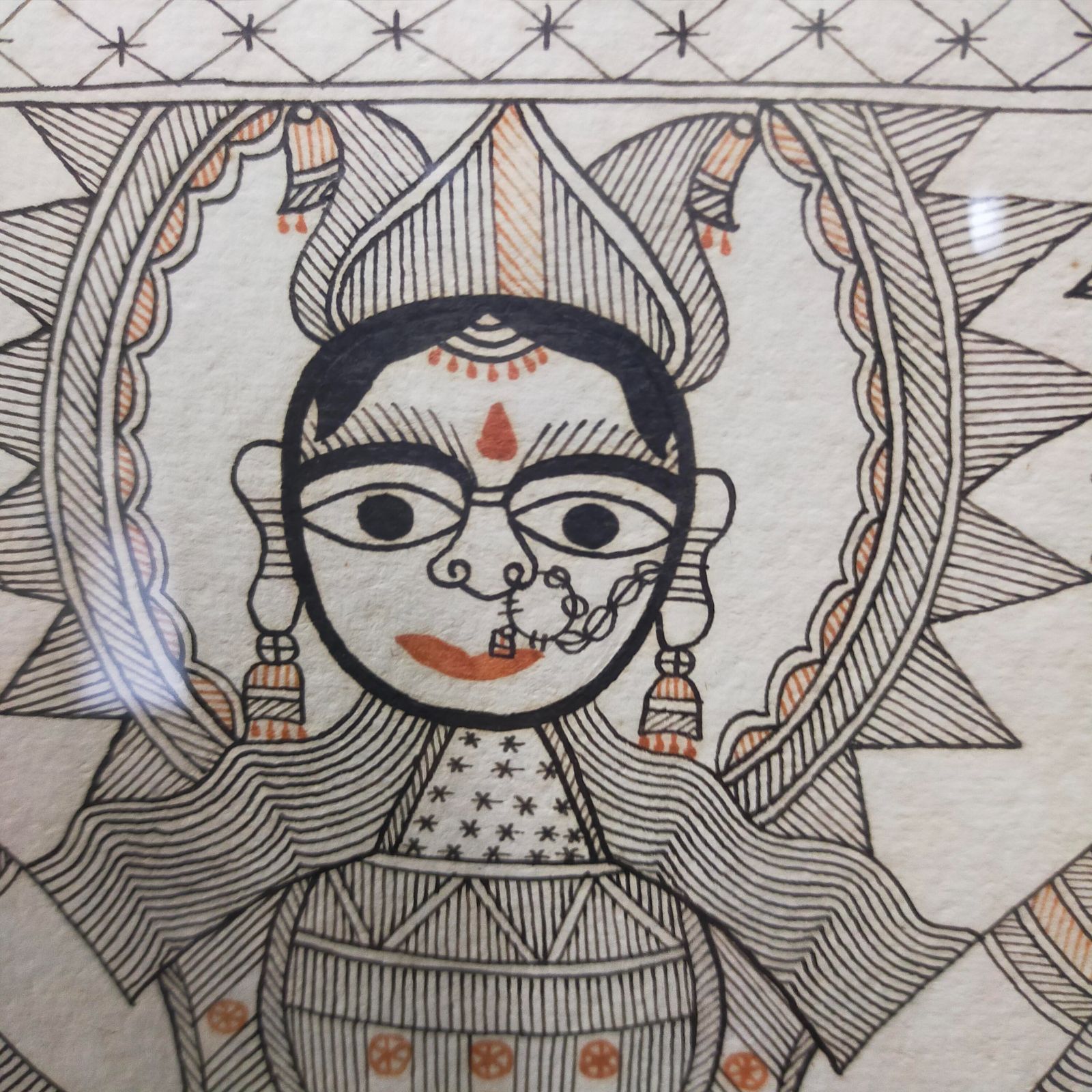 インド民俗絵画ミティーラ画「生命の樹」ガラス額装