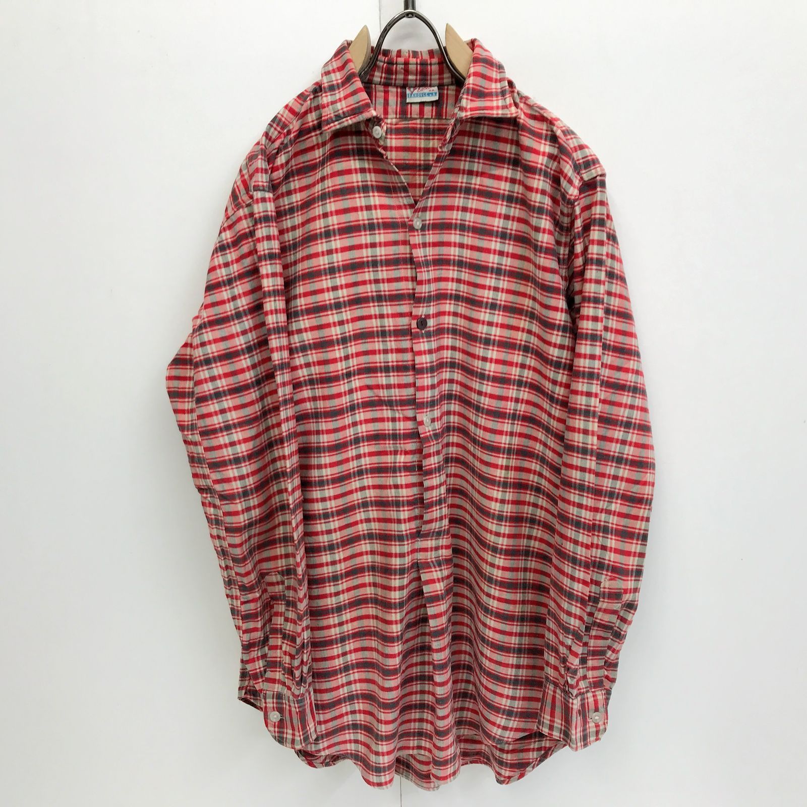 【物流センター】 中古 長袖シャツ チェコスロバキア製 60～70年代 ユーロビンテージ レトロチェック プルオーバー グランパシャツ レッド 長袖 SM レッド サイズ：39 【906】