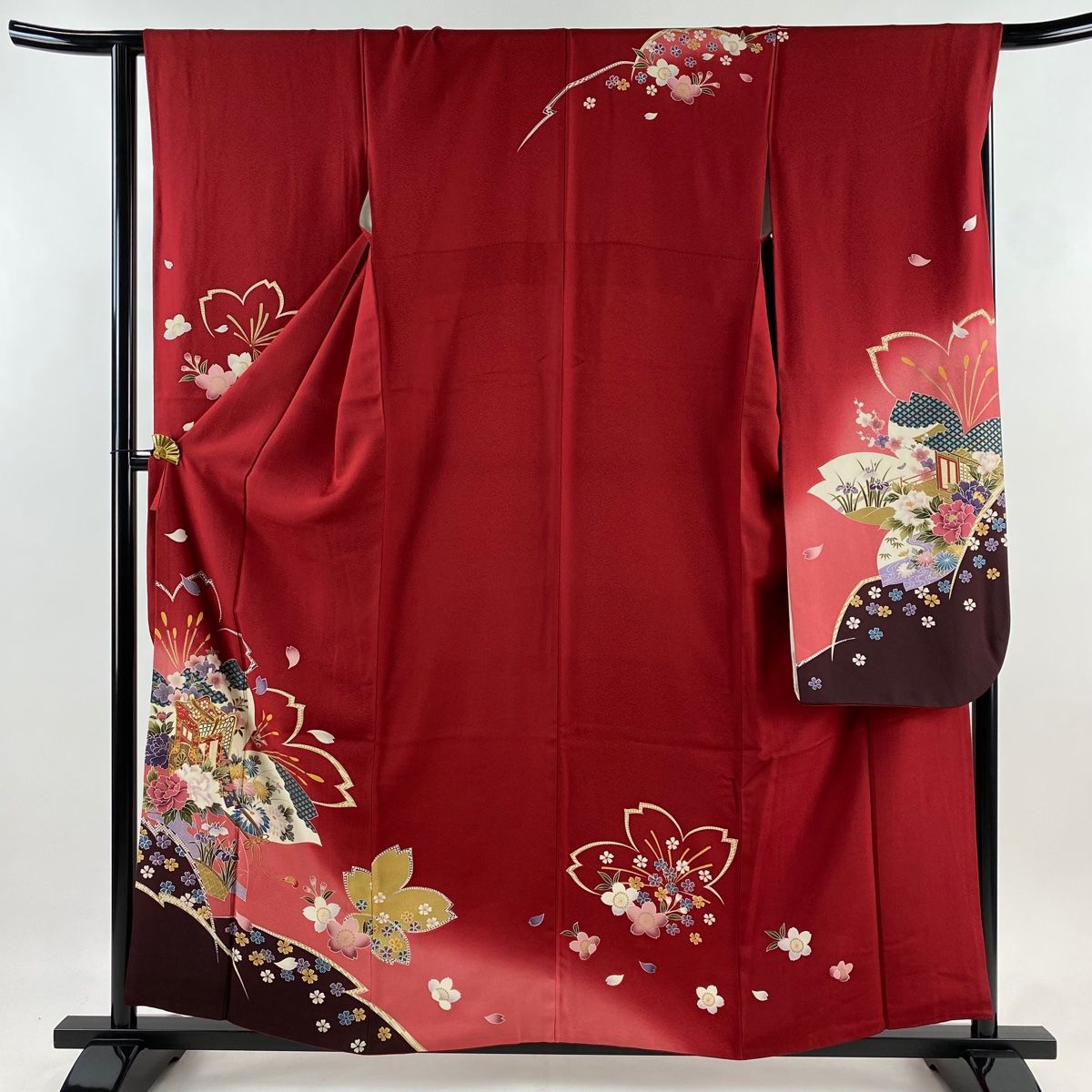振袖 身丈159.5cm 裄丈65.5cm M 袷 御所車 桜 金糸 金彩 赤 正絹