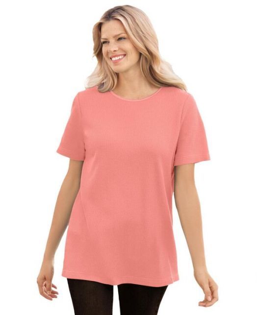送料無料 ウーマン ウィズイン レディース シャツ トップス Plus Size Within Waffle Thermal Satin Trim Tee Sweet coral