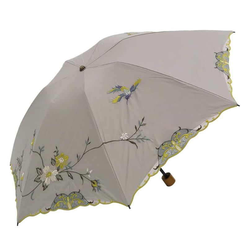 シノワズリーモダン 日傘 折りたたみ レディース１級遮光 UVカット 晴雨兼用 耐久撥水 軽量 花鳥刺繍 グレー