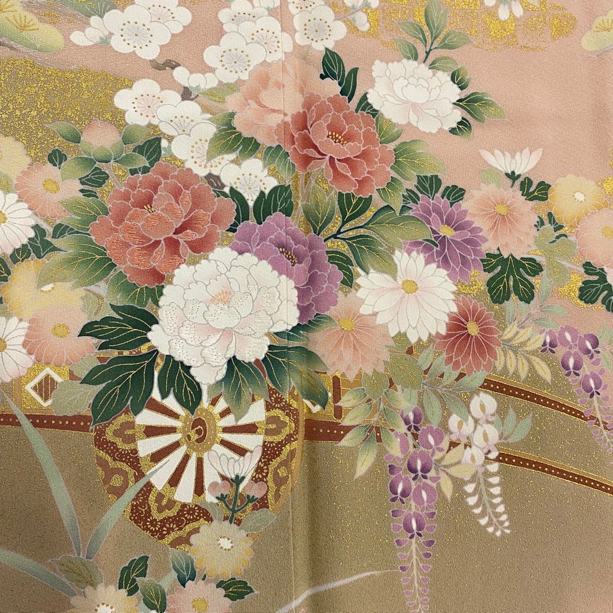 バイセル 着物 名品 振袖 青緑 草花 水辺 鳥 金糸 刺繍 金彩 正絹（10月～5月） 162cm Mサイズ ☆☆☆☆ バイセル 着物 名品 振袖 緑 草花 鳥 金糸 金彩 染め分け 正絹 袷（10