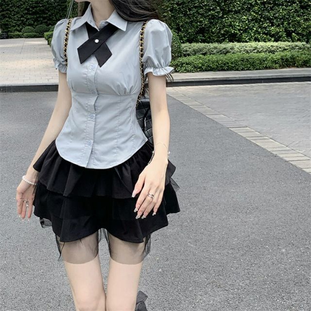 種類13：ブラック(スカート)/S ラインを美しく演出 2点セット 制服 レースアップ スリムフィット シャツ 上着 ハイウエスト (T)