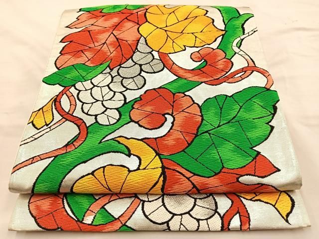 平和屋着物◎六通柄袋帯 唐織 葡萄蔦の葉文 銀糸 正絹 逸品