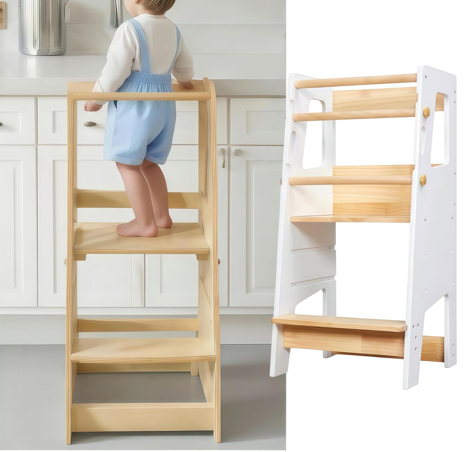 TUIYIDUO 踏み台 子供用 丈夫 木製 3段高さ調節 脚立 キッズステップスツール 子ども用 補助台 脚立 トイレ 手洗い トレーニング 多機能 組立簡単 日本語説明書付き ホワイト 45奥行き x 40幅 x 90高さ cm