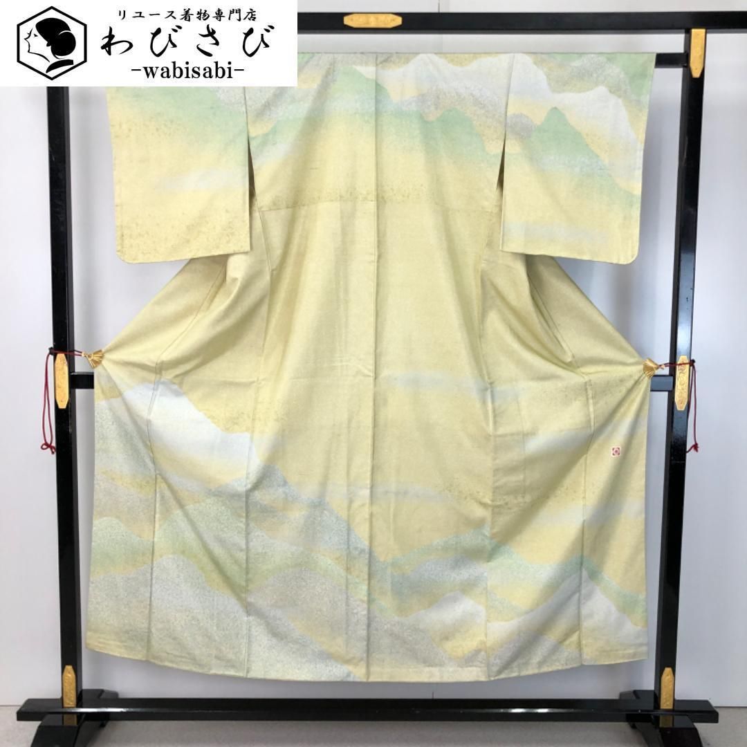 牛首紬 訪問着 白山工房 遠山模様 証紙付 猫柳色 スモールサイズ K-4944