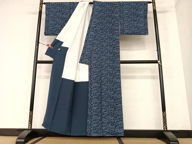平和屋着物○本藍 型絵染 小紋 更紗花文 まるやま扱い 正絹 逸品