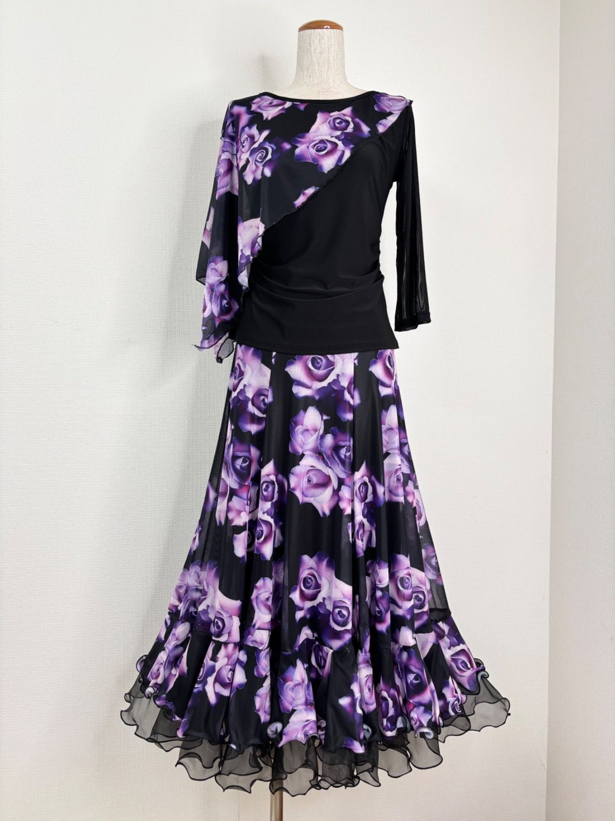 社交ダンス パープルグラデーション ケープデザイン フリル セットアップドレス 衣装