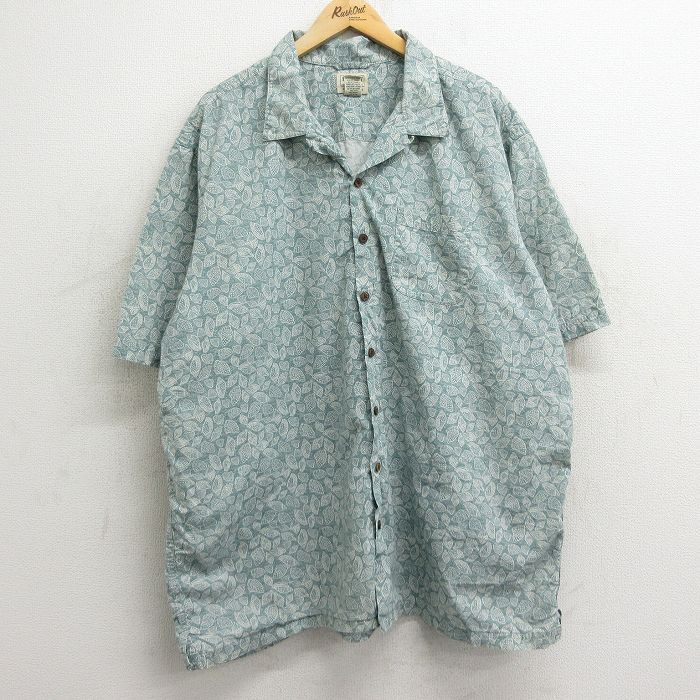 XL/古着 エルエルビーン LLBEAN 半袖 ハワイアン シャツ メンズ 00s 貝殻 総柄 大きいサイズ ロング丈 コットン 開襟 オープンカラー 緑他 