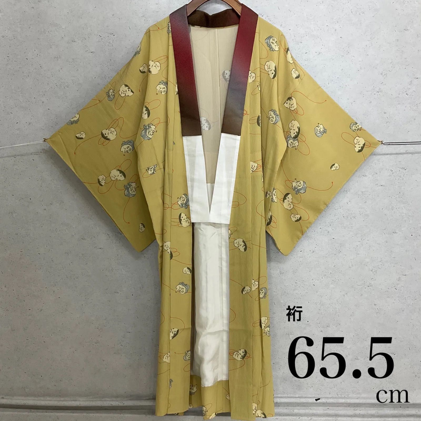 kimono one◆単衣夏物◆ 同然◆長襦袢◆楊柳縮緬◆仕付け糸付き◆単衣◆おかめひょっとこ◆半衿付き◆袖無双◆居敷当て付き◆裄65.5肩丈128.5◆小紋紬附下訪問着留袖袷単衣夏着物◆K1223
