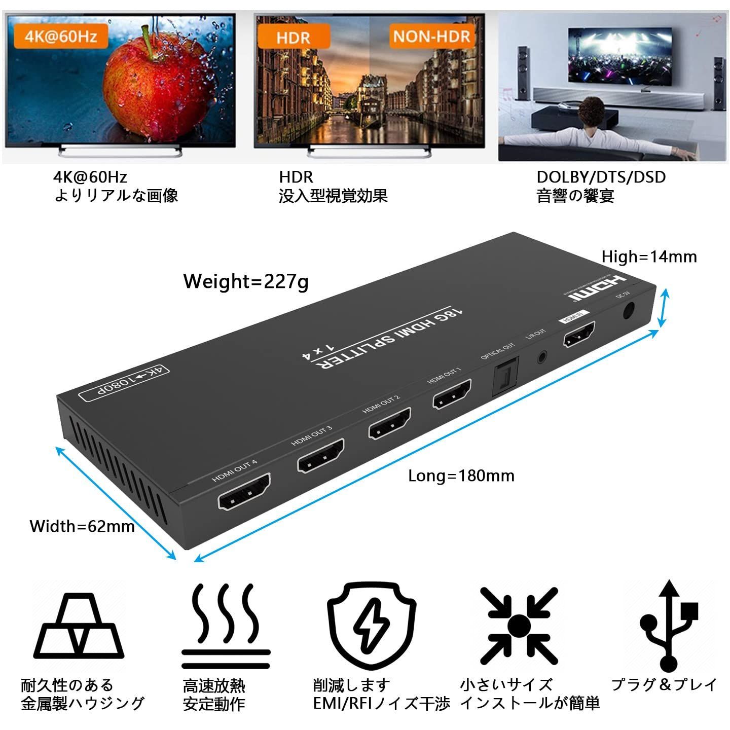 BUNGPUNG HDMI 分配器 1入力4出力 同時出力、 HDMI 音声分離 光