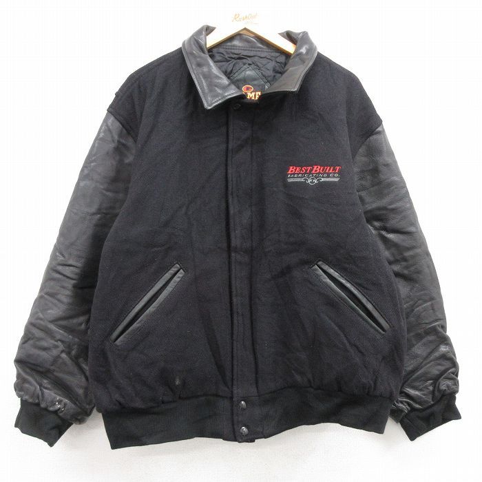 XL/古着 長袖 スタジャン メンズ 90s BEST 襟袖レザー 大きいサイズ ウール 黒 ブラック 内側キルティング 25jan17 中古 アウター ジャンパ