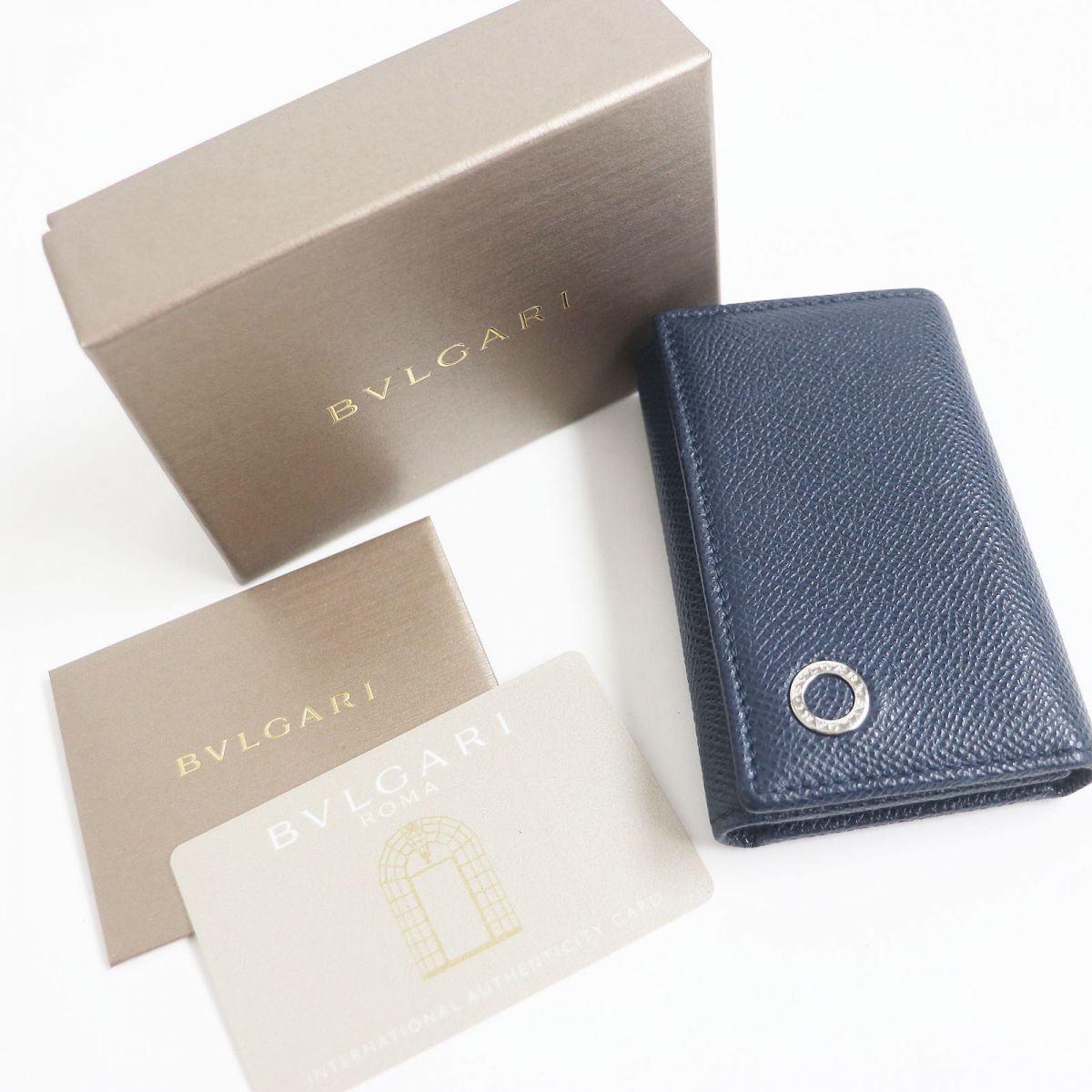 美品□BVLGARI/ブルガリ 39318 ブルガリブルガリ シルバーロゴ金具 三つ折り レザー 6連 キーケース ネイビー イタリア製 箱付き メンズ