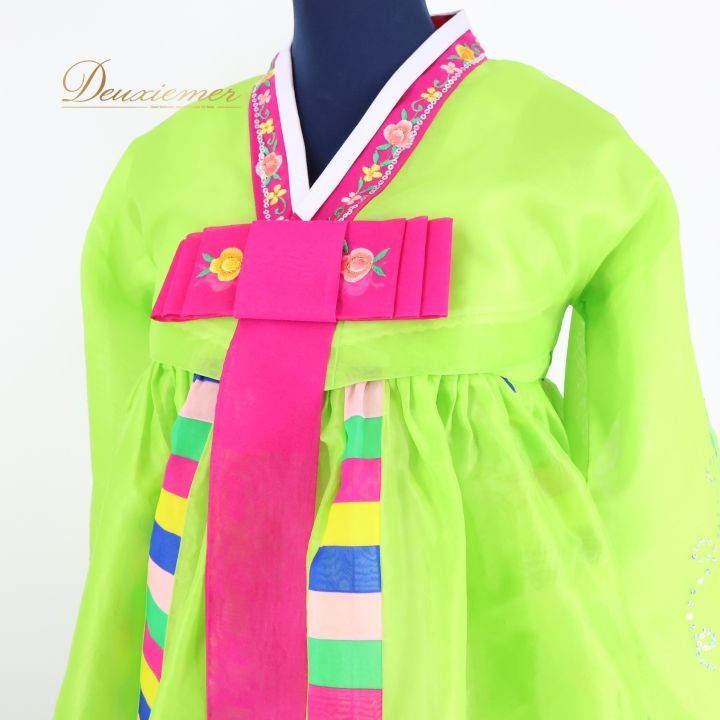 韓国伝統 衣装 チマチョゴリ コスチューム 韓国 コリアン グリーン系 黄緑 ピンク系 花柄 柄 模様 カラフル 蛍光色 セット イベント 韓服 伝統衣装 パーティー お祝い フォトスポット お祝い事