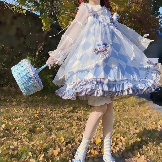長袖 リボン プリーツ フリル ピンク ロリータ ワンピース ドレス甘いロリータ OP ドレス ポリエステル