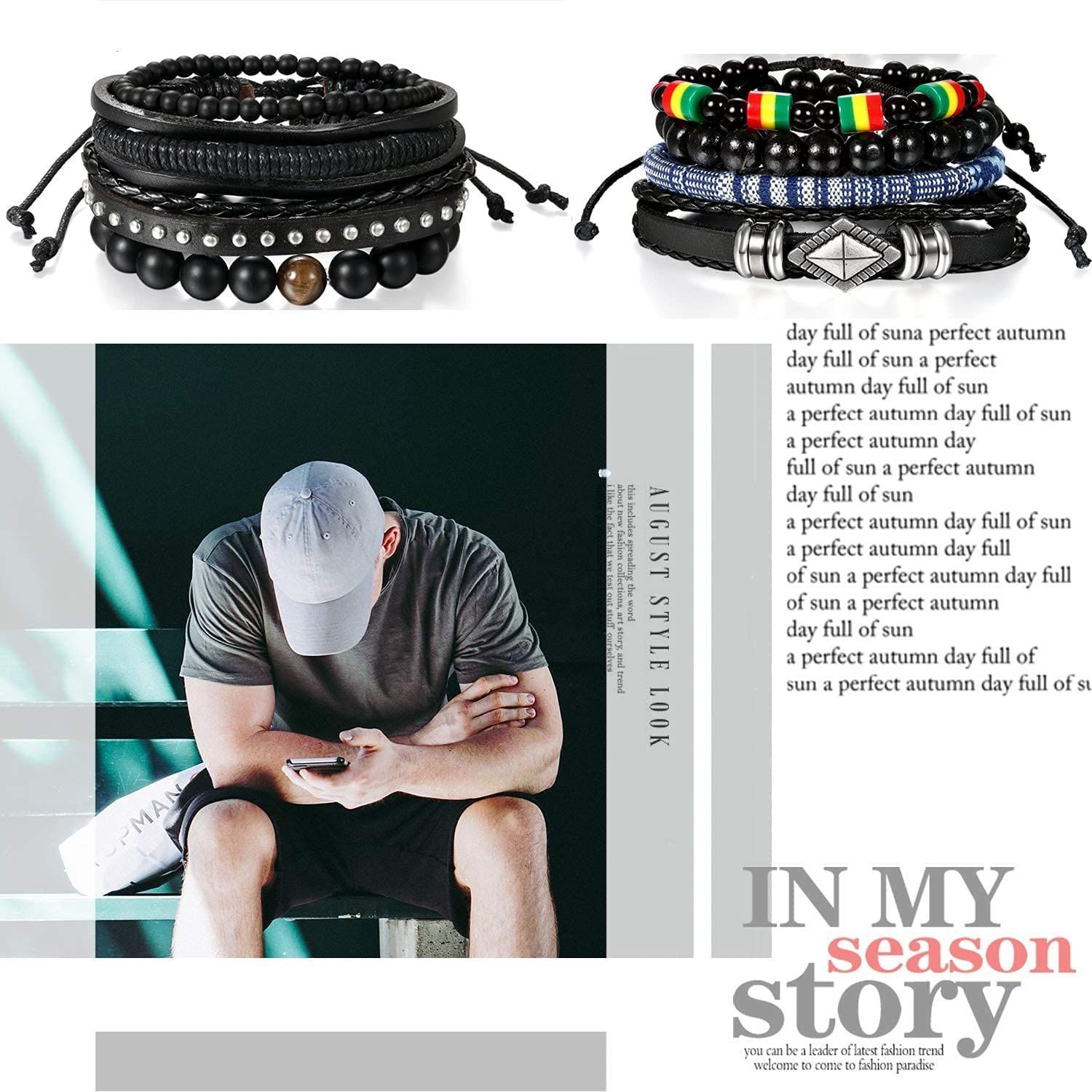  レディース 手作り 腕輪 ロック ブレスレット 数珠 多重巻き 調節 黒 メンズ 2点セット ブレスレット アクセサリー