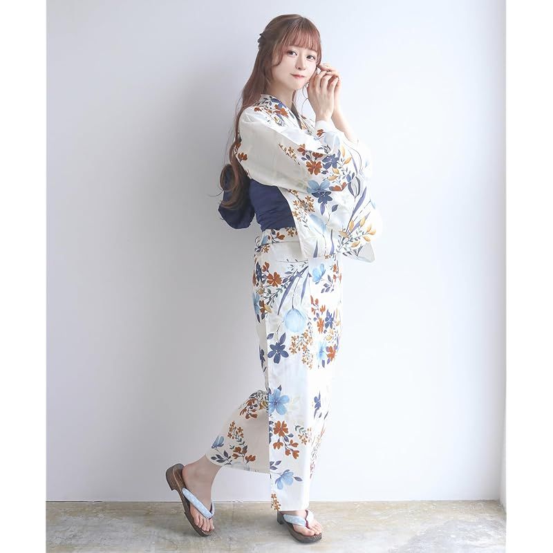 KYOETSU キョウエツ 浴衣セット 変わり織 生成り 2点セット 浴衣 兵児帯 レディース H 12 ブルーミングブーケ フリーサイズ