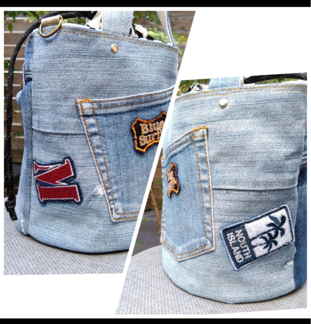 №721【Dots DENIM✖️北欧 巾着ToteBAG⚮̈♡】デニムリメイク №721【Dots DENIM✖️北欧 巾着ToteBAG⚮̈♡】デニムリメイク