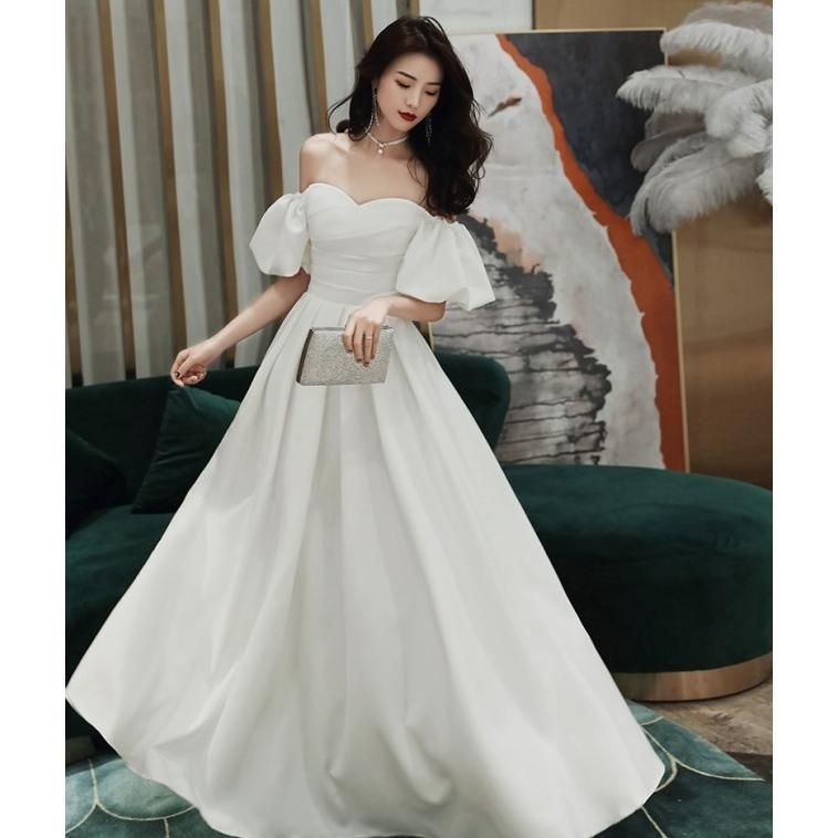 ウエディングドレス パフスリーブ スレンダー ドレス 黒 赤 結婚式 花嫁 ウェディングドレス 二次会 大きいサイズ ロングドレス 白