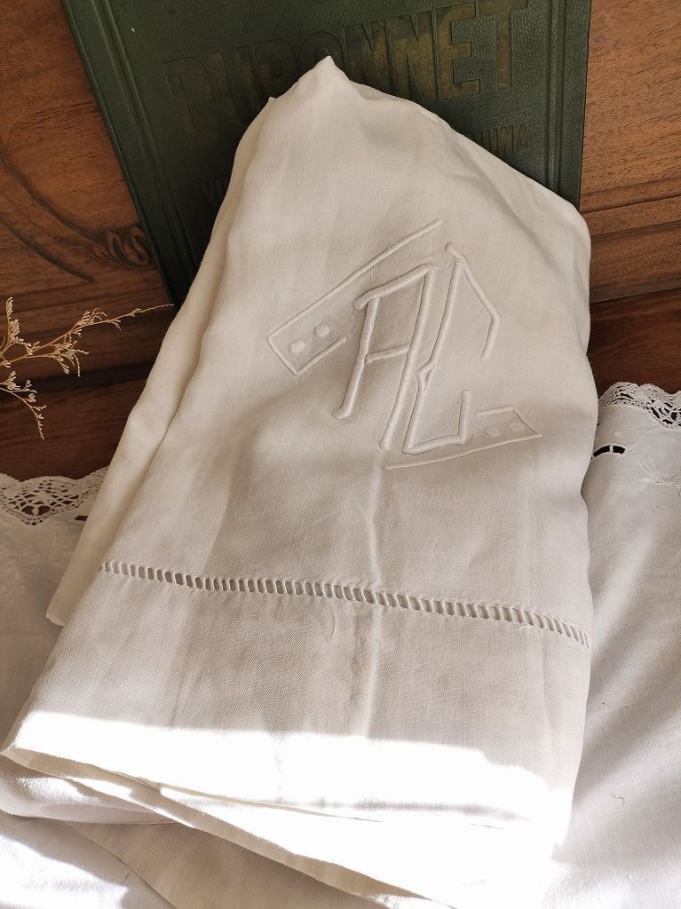 フランス アンティーク リネン イニシャル つき シーツ 刺繍 225x280cm