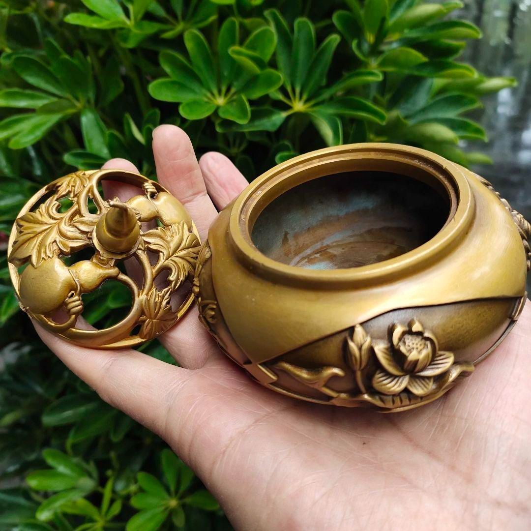 銅 細工 四季花瓢?蓋香炉 銅製 茶道具 香道具 工芸品 美術品 置物