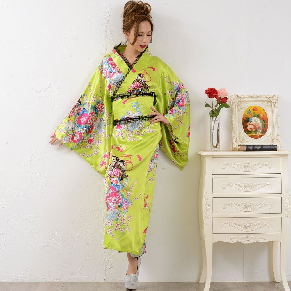 レースフリルリボンつきサテン花魁着物ロングドレス よさこい