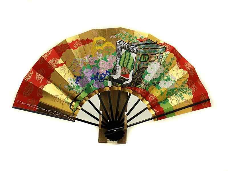 京扇子 飾り扇子 御所車 9寸5分 京都 両面 扇子立て付 箱入 職人 手作り 和柄 玄関飾り インテリア 和風 正月飾り 表裏柄違い 縦29×開いた時の横幅51cm