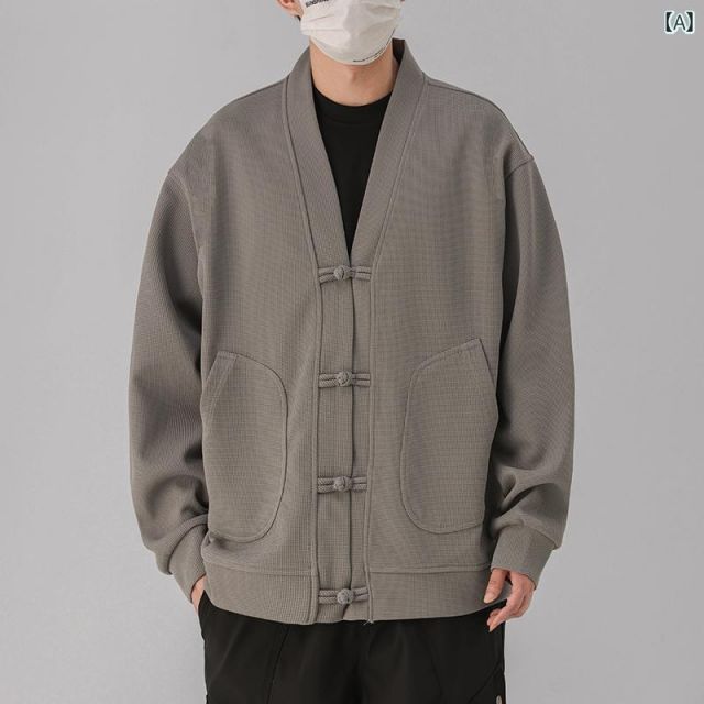 M 秋冬 コーデ メンズ 服 シンプル ファッション オシャレ 大人 かっこいい 大きいサイズ ストリート 紳士服 ワッフル カーディガン ジャケット レトロ バックル Vネック ジャケット トップス