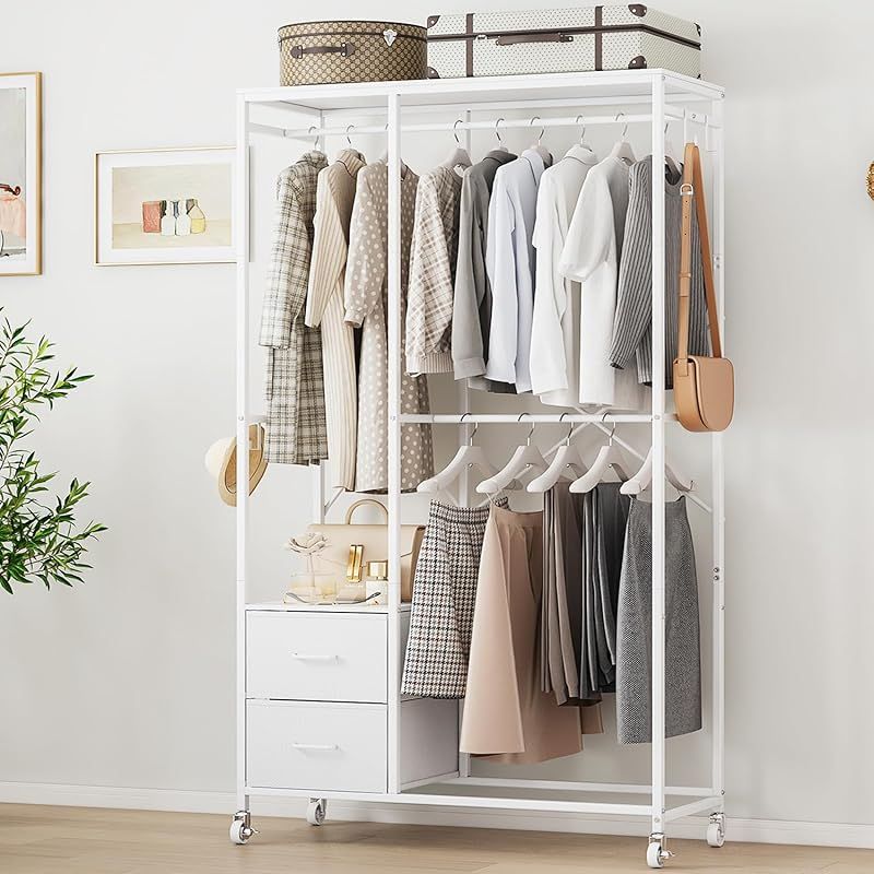 ハンガーラック 引き出し付き 2段 頑丈 大容量収納 耐荷重130kg パイプハンガー キャスター付き 押し入れ クローゼット多機能 収納に最適 一人暮らし|ファミリー向け 移動 おしゃれな洋服掛け 幅100×奥行40×高さ180cm ホワイト 0