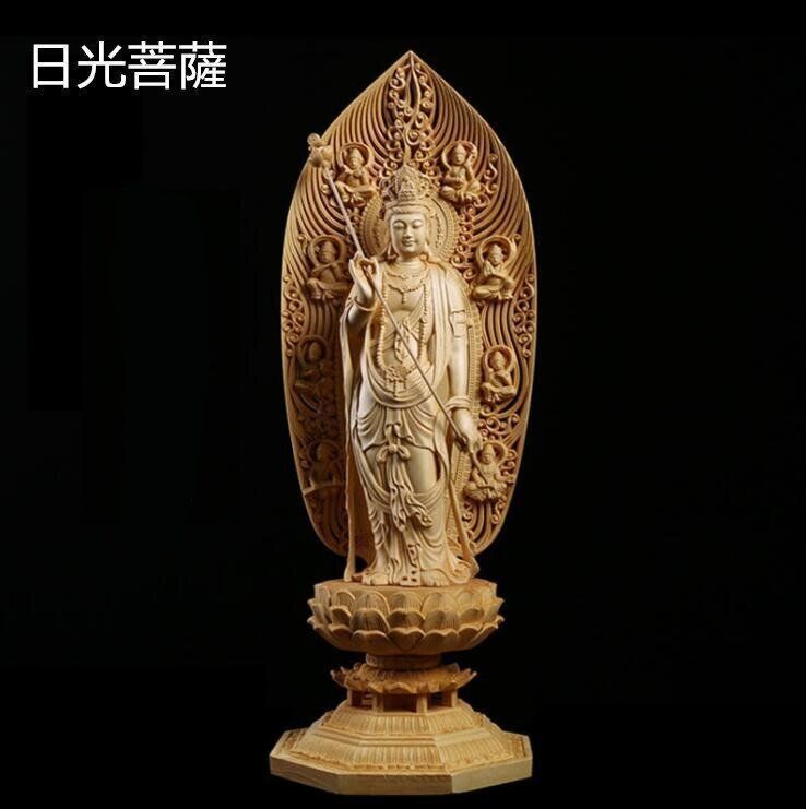 総檜材 仏教工芸品 木彫仏教 精密彫刻 上品 仏師で仕上げ品 日光観音菩薩立像 高43cm