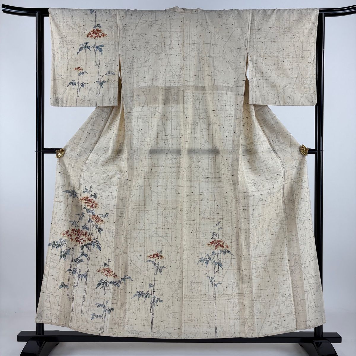 付下げ 身丈157cm 裄丈62.5cm S 単衣 紬地 枝葉 実 ベージュ 正絹 秀品