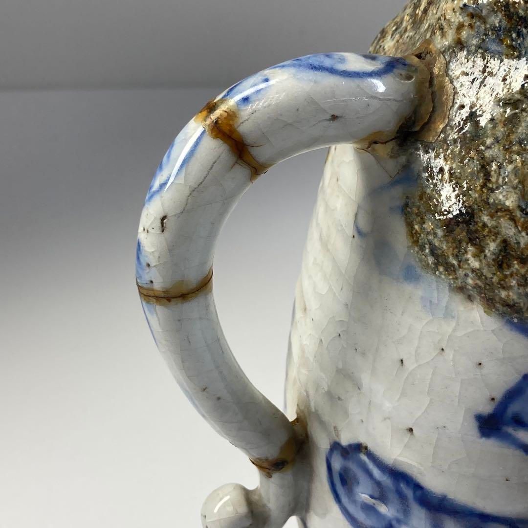 江戸後期 瑞芝焼 染付 水次 タトチ 高さ22㎝(蓋込) 東な6-0624②