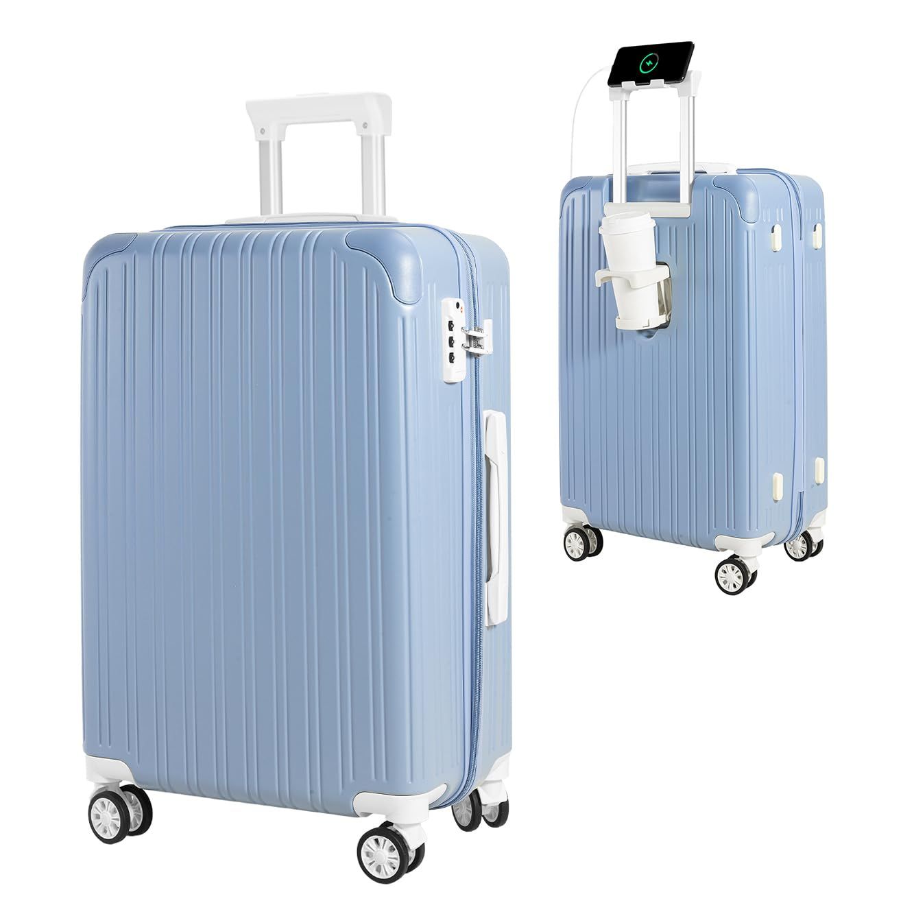 GURAMU スーツケース キャリーケース キャリーバッグ 機内持ち込み S Mサイズ USBポート付き カップホルダー付き 隠しフック機能 充電機能 静音 ダブルキャスター 耐衝撃 360度回転 軽量 修学 泊まる 旅行 出張 ビーチブルー Sサイズ