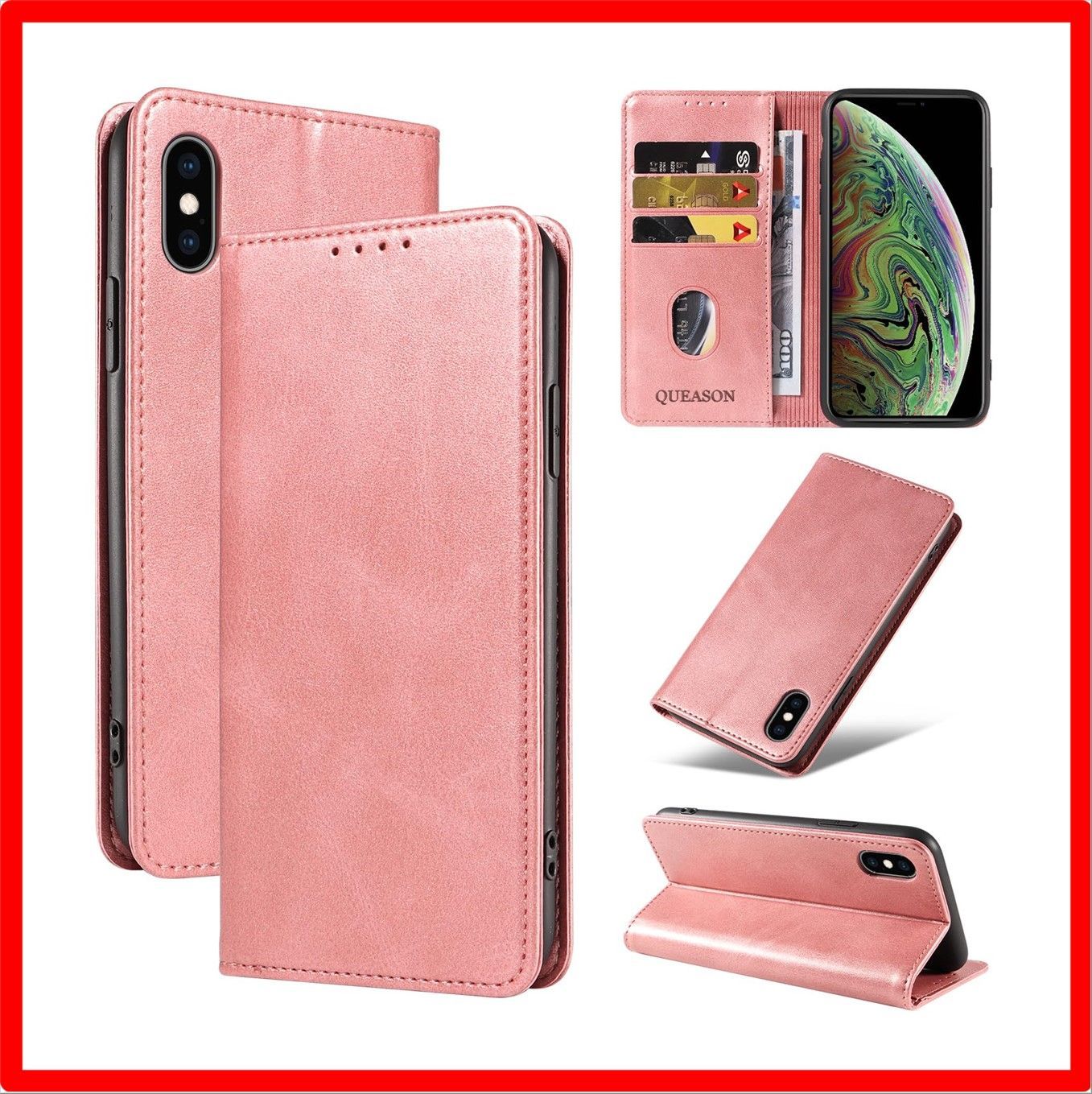 【送料無料 】 iPhone X/XS_ローズゴールド QUEASON【iPhone X/XS 通用手帳ケース】スマホケース iphone xs ケース 手帳型