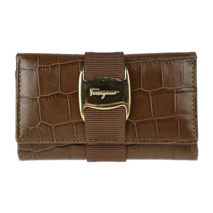Salvatore Ferragamo サルヴァトーレ フェラガモ キーケース 22 3056 クロコ型押し レザー ブラウン系 ゴールド金具 ヴァラ 6連 【本物保証】