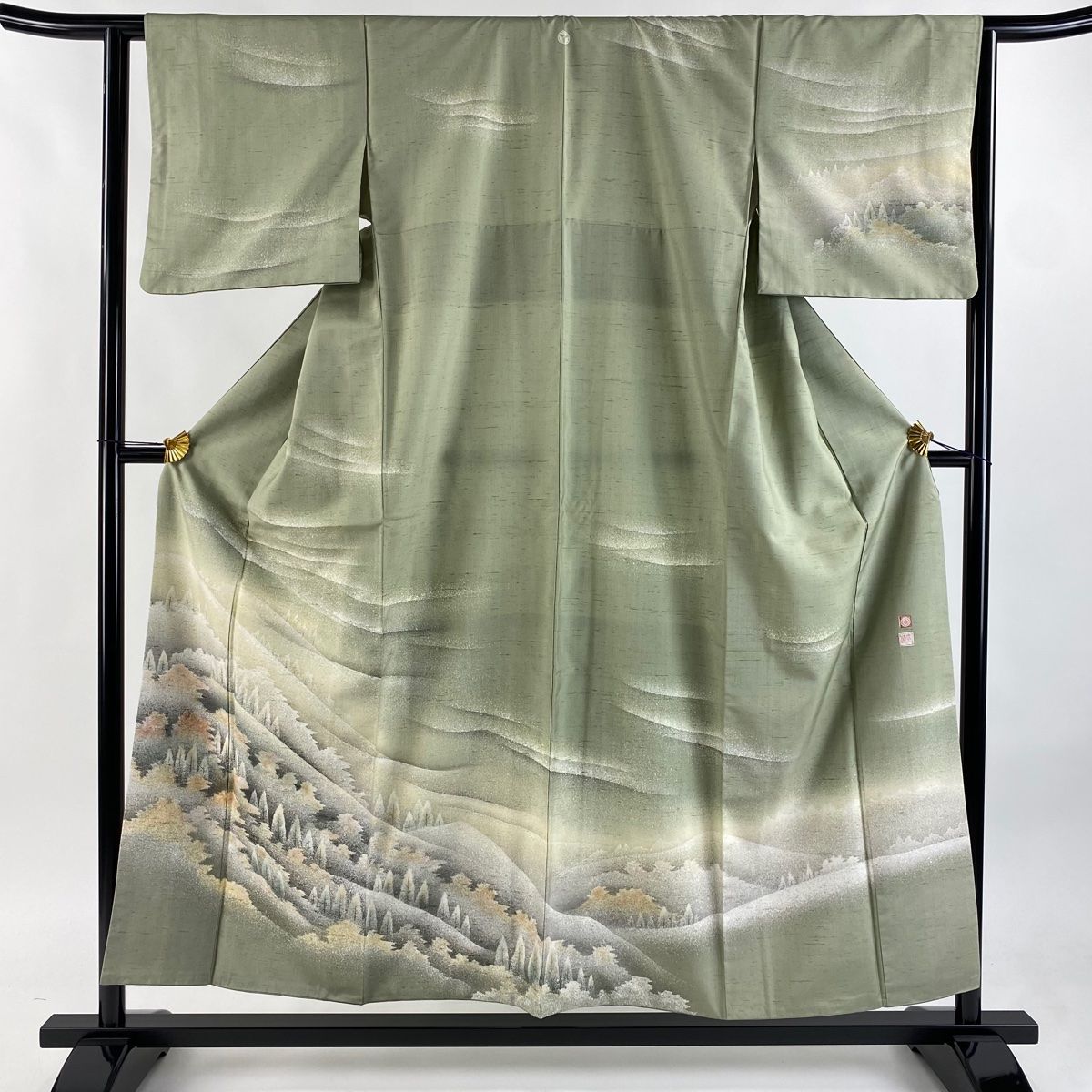 訪問着 身丈155cm 裄丈62cm S 袷 牛首紬地 村田道宣 落款 証紙 樹木 霞 ぼかし 灰緑 正絹 一つ紋