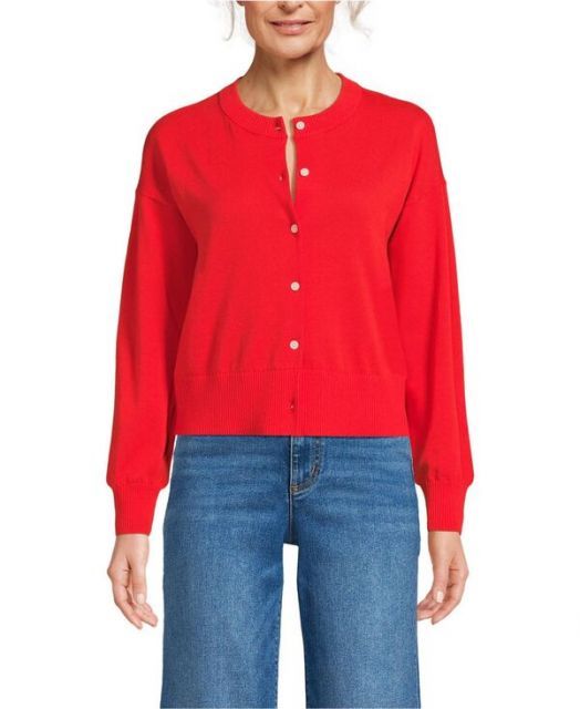 送料無料 ランズエンド レディース ニット セーター アウター Women s Cropped Fine Gauge Crew Neck Cardigan Sweater Coral red
