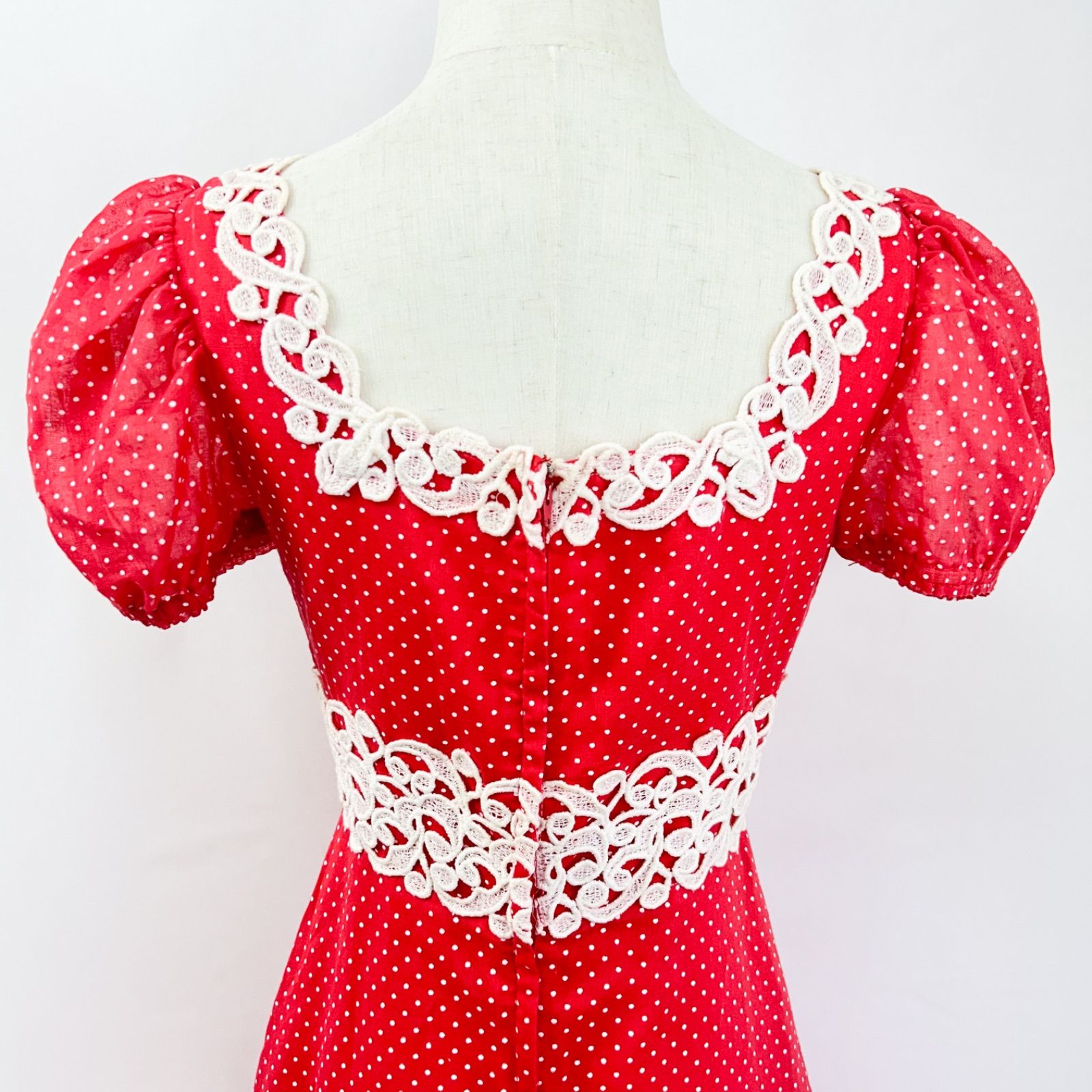 USA製 アメリカ製 レース ドット柄 半袖 ロング丈 フレアワンピース 総  