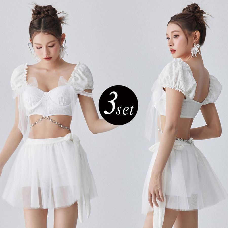 夏 水着 ビキニ ブラ スカート ショートパンツ 3点セット レディース バルーン袖 2way オフショルダー オフショルビキニ チェー 今季トレンド ZZ520
