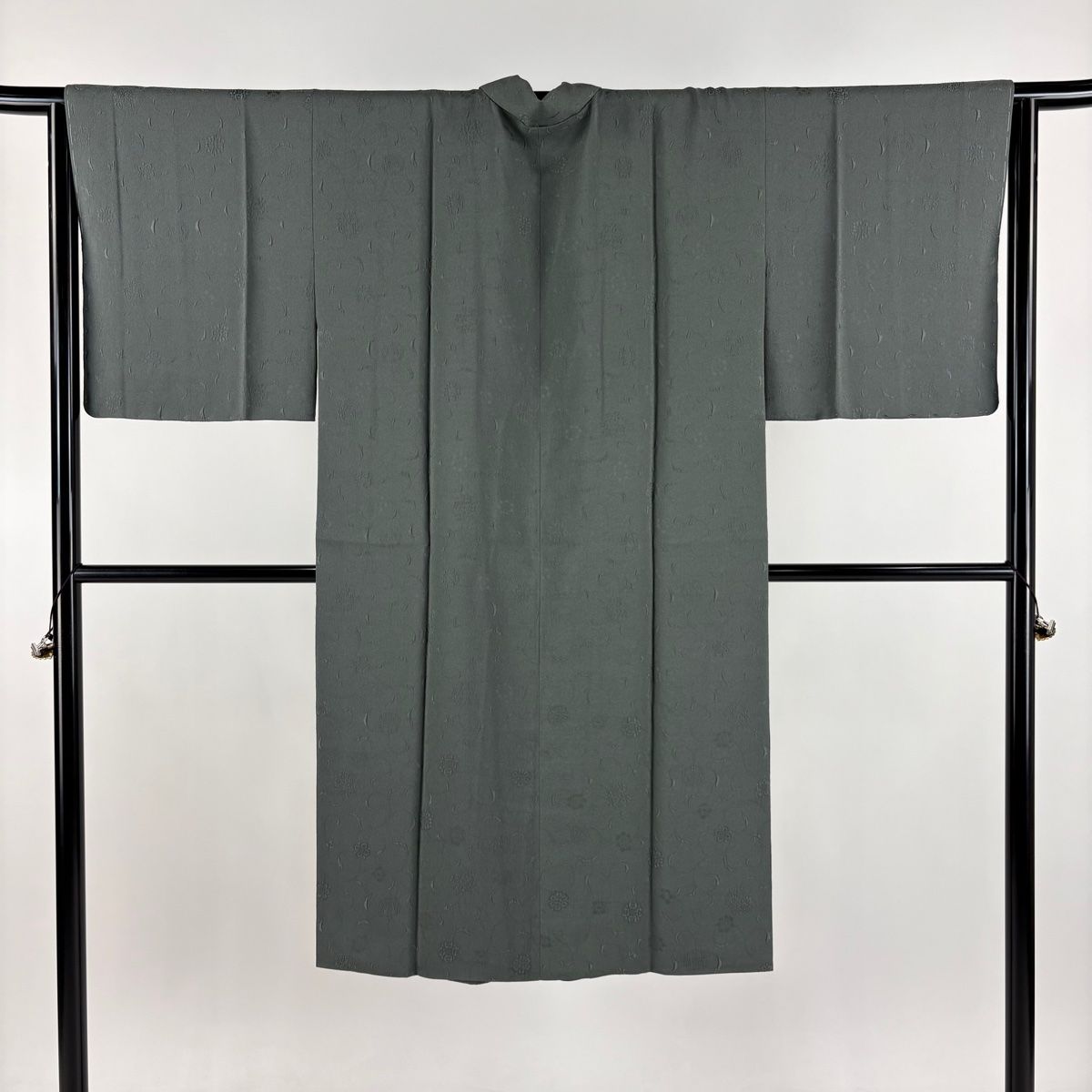 道中着 身丈119cm 裄丈65cm M 和装コートへちま衿 地紋 灰緑 正絹 名品