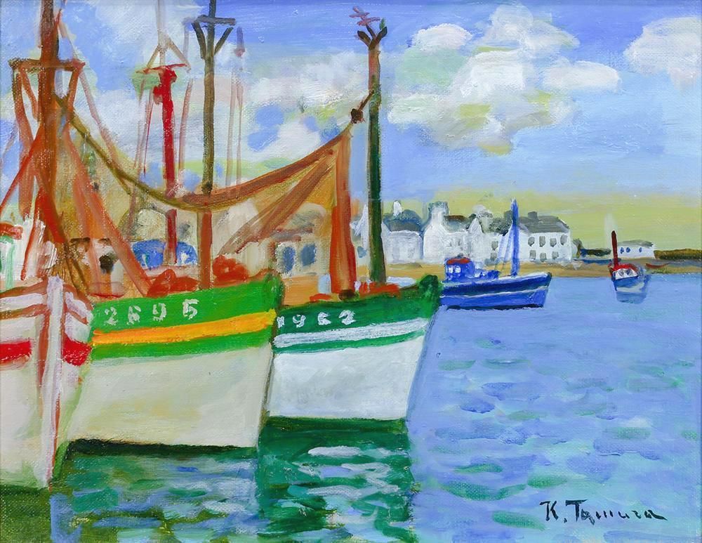 真作 WISH 田村孝之介 色とりどりの船 ブルターニュ 油彩 6号 漁船が